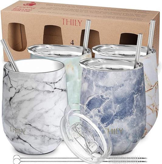 THILY Stainless Steel Stemless Wine Tumbler 4 Pack Vacuum Insulated Travel Wine Glasses with Sliding Lids and Straws, 12 oz, Keep Cold for Juice, Coffee, Beer, 4 Different Marbles Set