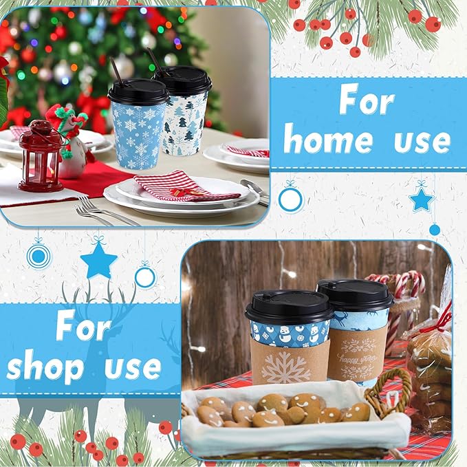 Remerry 100 Sets 400 Pcs 12 oz Christmas Disposable Coffee Cups with Lid, Straws and Sleeves Snowflake Reindeer Snowman Paper Cups Xmas Party Supplies for Hot Drink Cold Beverage(Snowflake Style)