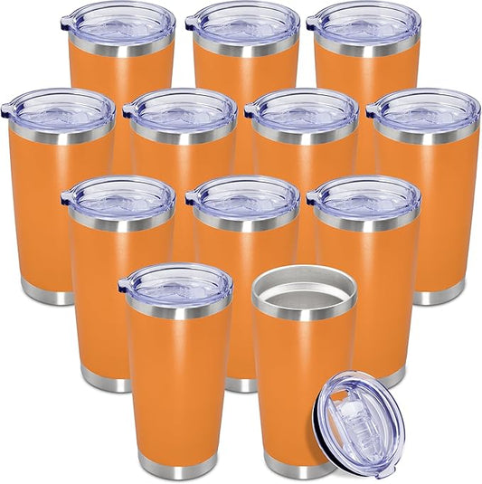 20 oz Tumbler Coffee Travel Tumblers Bulk with Lid Stainless Steel Double Wall Vacuum Insulated Mug Powder Coated Cups fit Car Cupholder for Hot and Cold - Orange, 12Pack