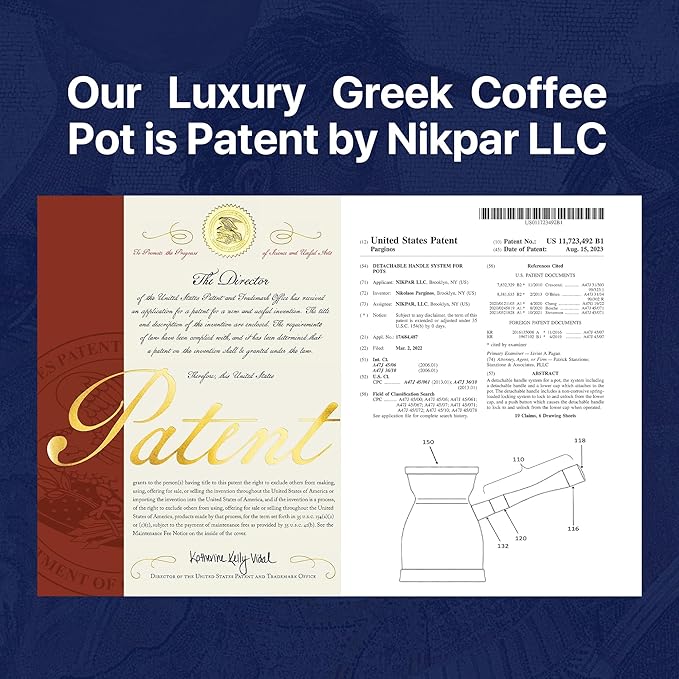 NIKPAR Luxury Greek Coffee Pot Macedonian Collection - Turkish Coffee Pot for Most Type of Stove Top, Arabic Coffee Maker Cezve, Ibrik, Briki with Detachable Handle & Luxury Gift Box (21 oz Large)