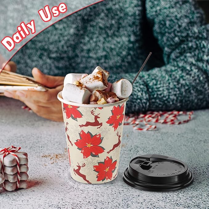 Remerry 100 Sets 400 Pcs 12 oz Christmas Disposable Coffee Cups with Lid, Straws and Sleeves Snowflake Reindeer Snowman Paper Cups Xmas Party Supplies for Hot Drink Cold Beverage(Bright Style)
