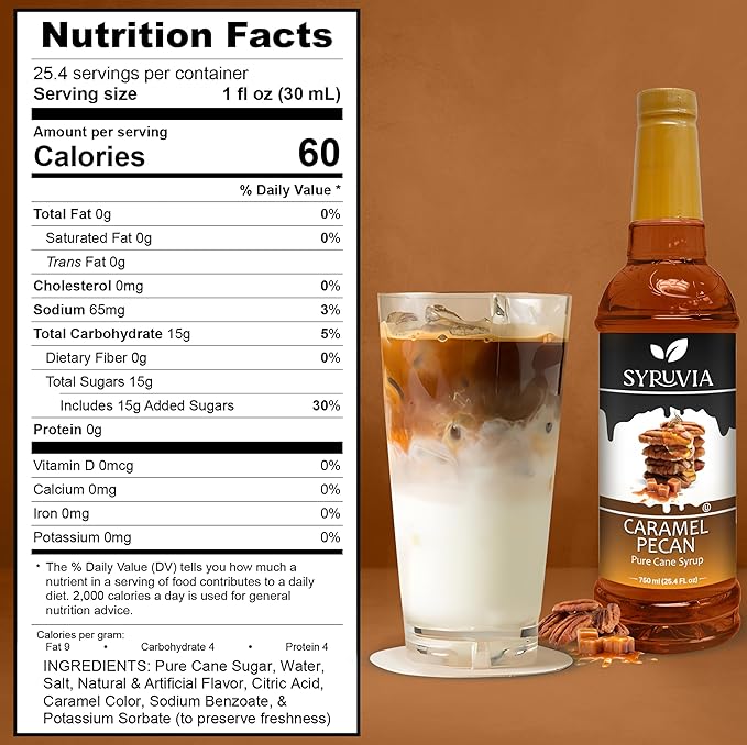 Syruvia Coffee Syrup, Caramel Pecan Flavored Syrup for Drinks, Lattes, and Desserts – 25.4 fl oz, With Pump