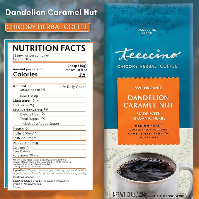Teeccino Dandelion Caramel Nut Herbal Coffee - Caffeine-Free Coffee Alternative with Prebiotics, Gluten Free, Acid Free - Medium Roast, 10 oz (Pack of 3)