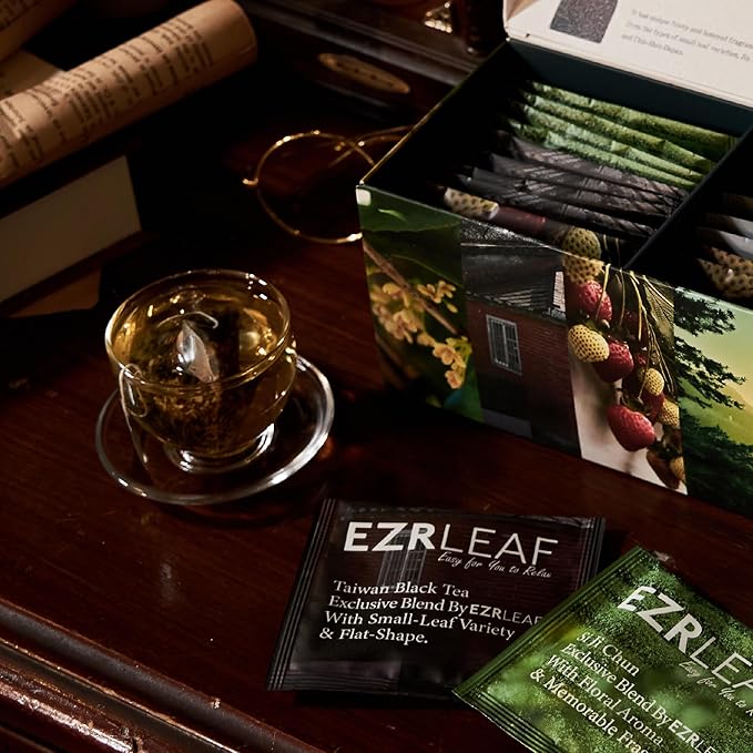 EZR Leaf Tea Sampler Gift Box – 22 Pyramid Tea Bags with Taiwan Black, Osmanthus Oolong, Chamomile Oolong, Berry Black, Four Seasons Green – Flavored Assorted Tea Set for Gifting & Tasting