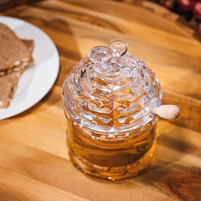 Crystal Bee Honey Dish Jar with Dipper and Lid – Elegant Glass Beehive Honey Pot for Rosh Hashanah, Holidays, Kitchen Table, Jam, Jelly, Syrup, 14oz Honey Server Gift, Gorgeous Bee Decor Gifts