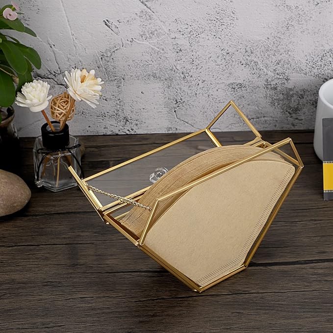 ELLDOO Gold Glass Coffee Filter Holder Coffee Paper Storage Container Filter Paper Dispenser Rack with Dustproof Cover