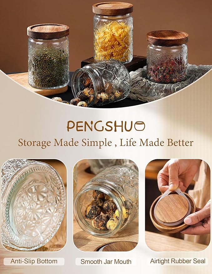 Vintage Glass Jars with Wood Lids - Airtight Canisters Sets for Kitchen Countertop and Bathroom, for Storage Candy, Cookie, Coffee, Apothecary, Sugar, Flour, Tea, Pet Treat, 34 OZ, Set of 2