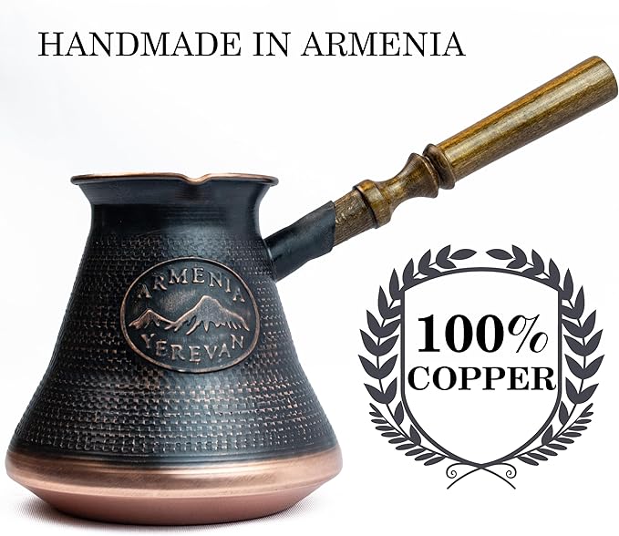 Handmade Armenian Coffee Pot 21 Fl Oz - Copper Jazva Ararat - Turkish Arabic Greek Cezve Jezve Ibrik Turka Jazve Maker - wooden handle - (7 cup (21 US fl.oz))