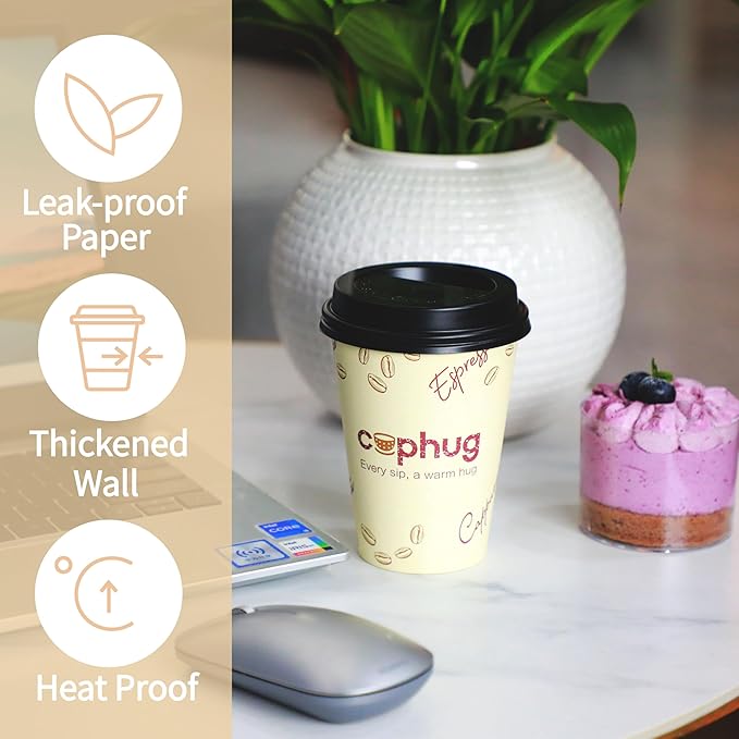 Cuphug 100 Pack 12 oz Coffee Cups with Lids, To Go Paper Cups with Sleeves and Stirring Sticks, Insulated Disposable Coffee Cups for Hot/Cold Drinks