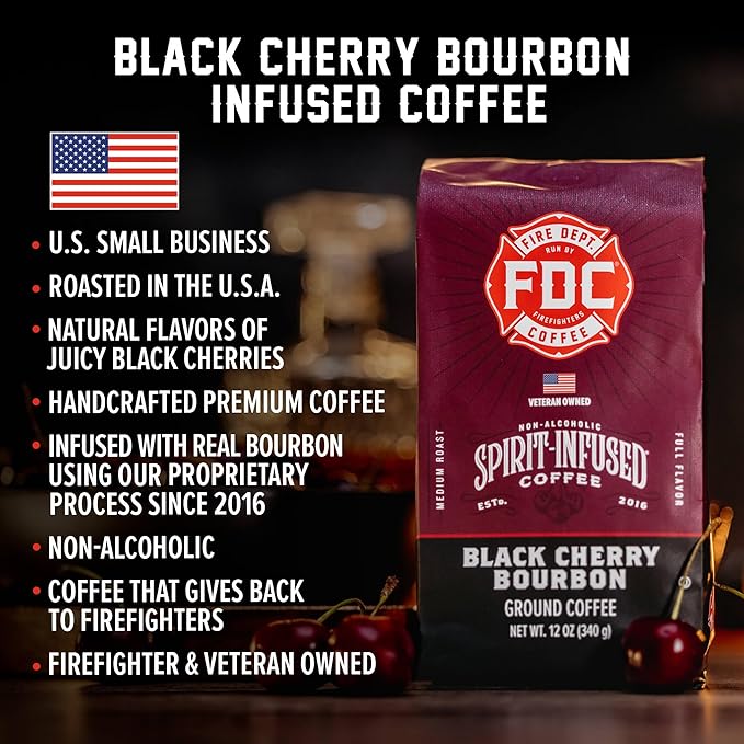 Fire Department Coffee - Black Cherry Bourbon Coffee - Gives Back to Firefighters - Premium Bourbon Infused Whole Bean - Non-Alcoholic - Roasted in the USA - Veteran Owned - 12 oz