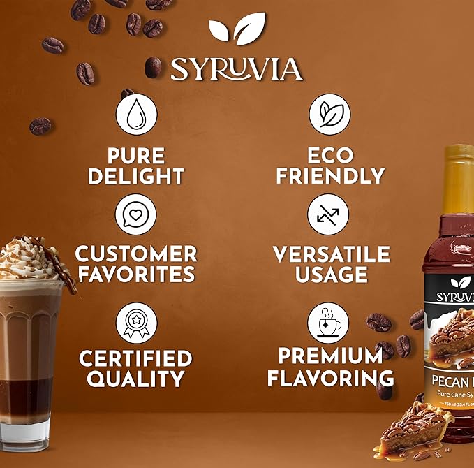 Syruvia Coffee Syrup, Pecan Pie Flavored Syrup for Drinks, Lattes, and Desserts – 25.4 fl oz,