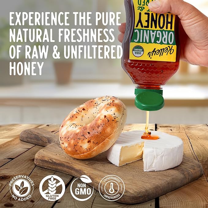Kelley's 100% Organic Raw & Unfiltered Honey, USDA Certified, 24 Oz – All Natural, Flavor-Rich Honey for Fruits, Yogurt, Smoothies, Acai Bowls, Tea – Natural Sugar Substitute