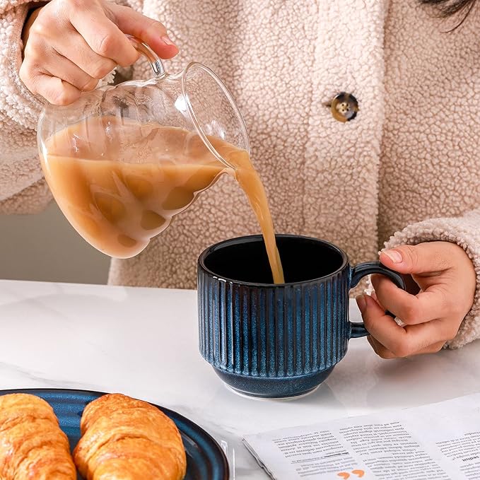 Hasense Coffee Mug Ceramic Set of 2 with Stand - 15 oz Stackable Coffee Cups for Wedding & Housewarming Gifts - Microwave Dishwasher Safe, Navy Blue