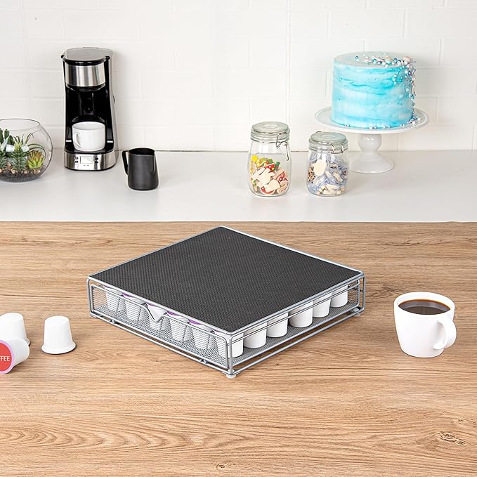 Restaurantware Restpresso 13 x 12.2 x 3 Inch Coffee Capsule Drawer 1 Heavy-Duty Pod Drawer - Holds 36 K-Cups Grip Top Iron Espresso Pod Organizer Mesh Tray Pods Not Included