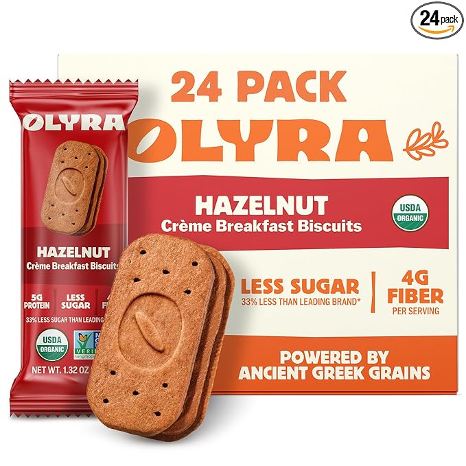 Olyra Hazelnut Cocoa Sandwich Breakfast Biscuits, Healthy Snacks for Adults and Kids, Low Sugar, High Fiber, Organic Vegan Cookies, with Ancient Greek Grains, USDA Certified Organic, Non GMO, 24 Packs