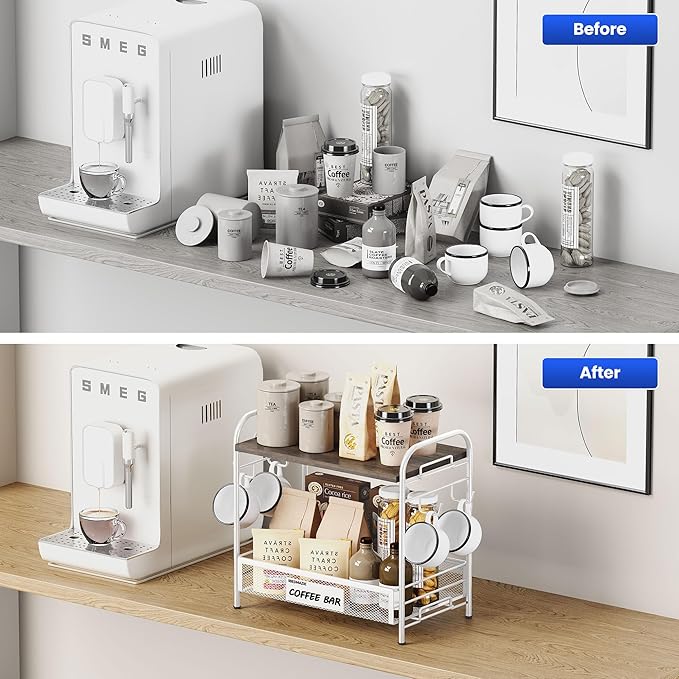 Coffee Bar Organizer for Countertop Station, Simple Assembly 2 Tier Shelf for Home,Office, Coffee Cup Holder Storage Organization for Counter Accessory Storage Rack with 4 Hooks Space-Saving