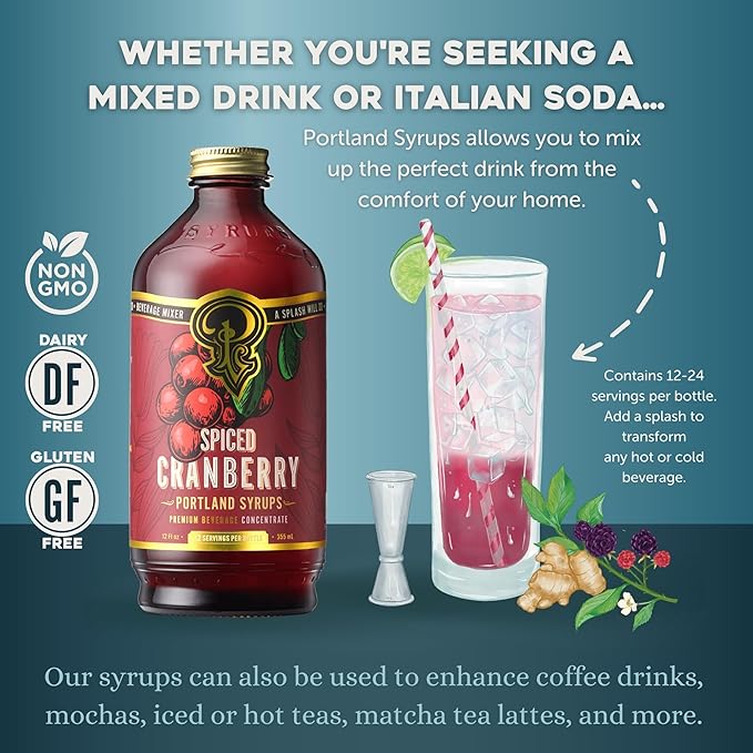 Portland Syrups Spiced Cranberry Syrup - Drink Mixer for Crafting Cocktails, Mocktails, & Seasonal Beverages - Flavor Enhancer for Soda, Punch, and Mulled Drinks - 12 oz Bottle, 24 Servings, Pack of 2