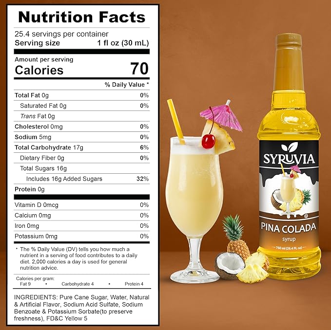 Syruvia Pina Colada Syrup, Flavored Syrup for Cocktails, Drinks, Lemonades, Iced Teas, and Desserts – 25.4 fl oz