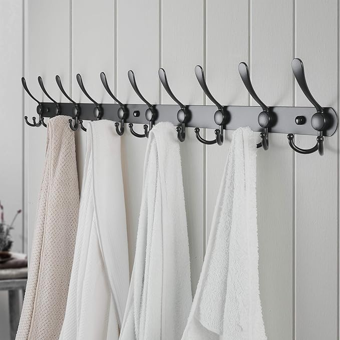 Dseap Coat Rack Wall Mount - 38” Long 10-Tri-Hooks Heavy Duty Coat Hanger Rail Wall Hooks for Hanging Coats Hats Clothing Clothes Purse Mudroom Entryway, Black, Pack of 2