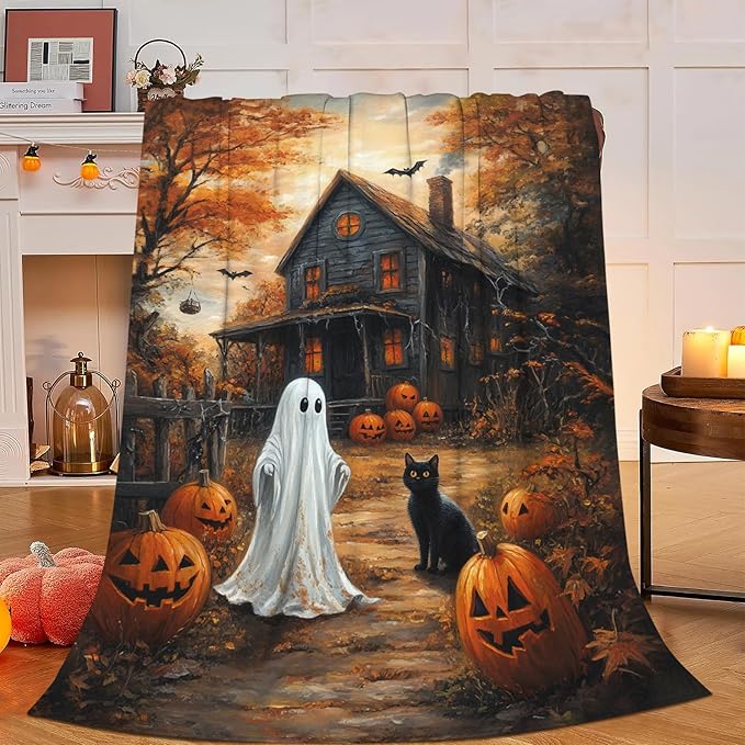 Halloween Blanket, Ghost Black Cat Fleece Flannel Throw Blanket, Pumpkin Soft Lightweight Stuff Throws Gifts for Women Men Boys Girls Lovers Adults Lovers Sofa Decor 80"x60"