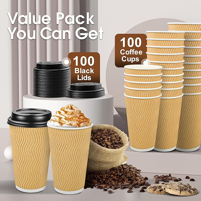 Ginkgo 100 Pack Disposable Coffee Cups with Lids 16 oz, Insulated Ripple Wall To Go Paper Cups for Party Home and Travel - Beige