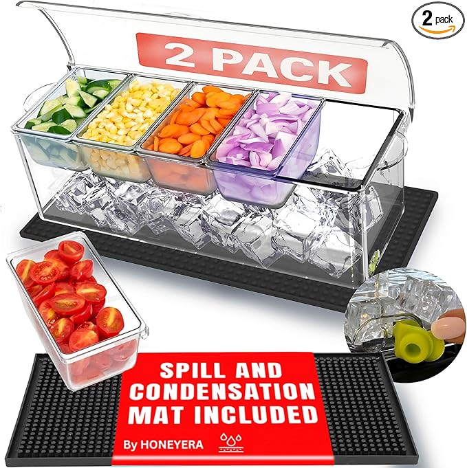 Honeyera Chilled Condiment Server | Hosting Essentials for Up to 80 Oz of Ice | Mimosa Bar Supplies Drain Plug | BPA-Free Taco Bar/Salad Bar | Food-Safe Condiment Caddy (Parent) (Black, 2 Pack)