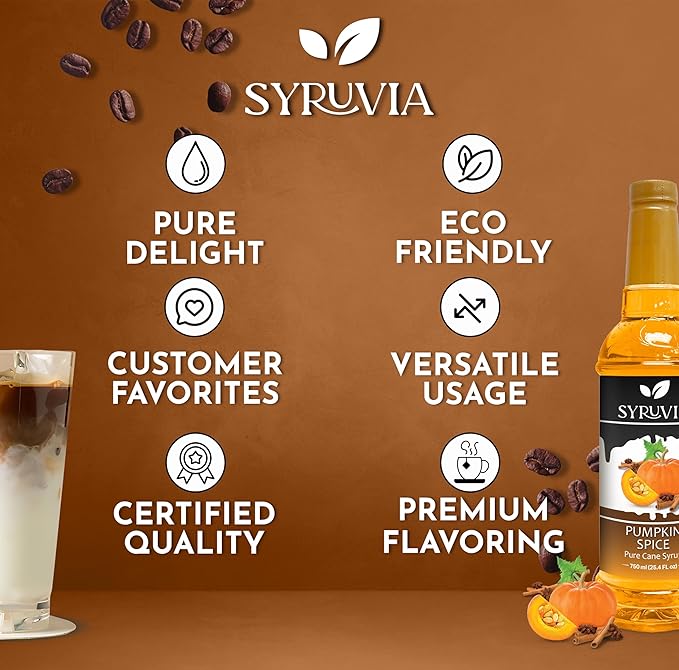 Syruvia Pumpkin Spice Syrup – 25.4 fl oz – Syrup for Coffee, Lattes, Shakes, Smoothies, Desserts – 100% Vegan, Gluten Free, Kosher Delicious Coffee Sauce (Pack of 2)