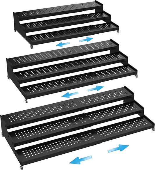 Expandable Spice Rack organizer with 3-Tier step shelf,Modern Design heavy duty,Non Skid and Visibility ,Great for Kitchen Cabinet,Bathroom,dressing table,Cupboard, Pantry and more(3PACKS/BLACK)