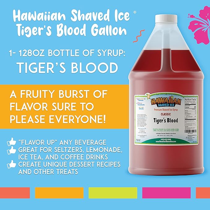 Hawaiian Shaved Ice Tiger's Blood Syrup - Nut Soy Dairy Free - Flavor Fluffy & Crunchy Snow Cone Ice - Shelf Stable - Makes 64 Servings - 1 Gallon