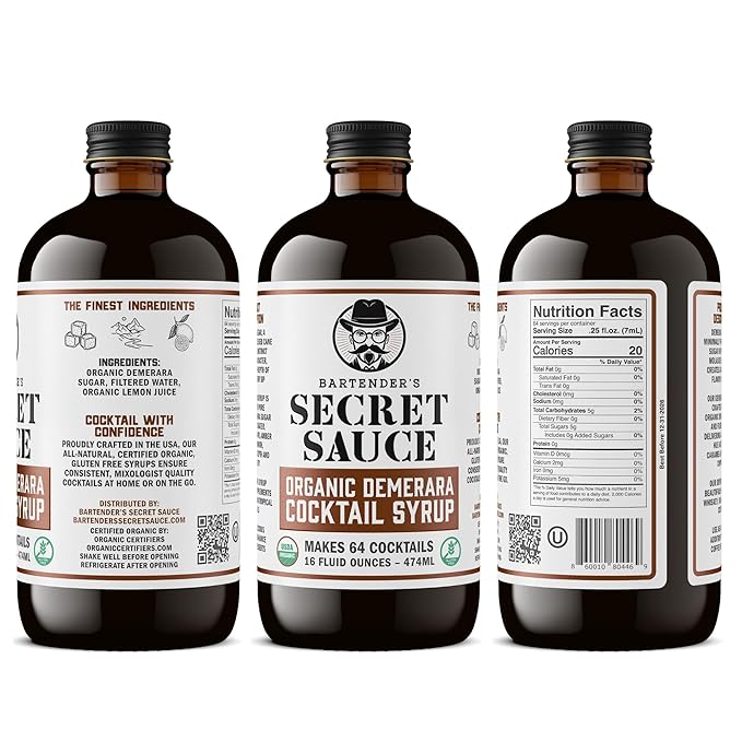 Bartender’s Secret Sauce USDA Organic Demerara Syrup – 16oz Bottle – Handcrafted, Gluten-Free Cocktail Syrup – Makes 64 Drinks – Great for Old Fashioneds, Tiki & Coffee Drinks