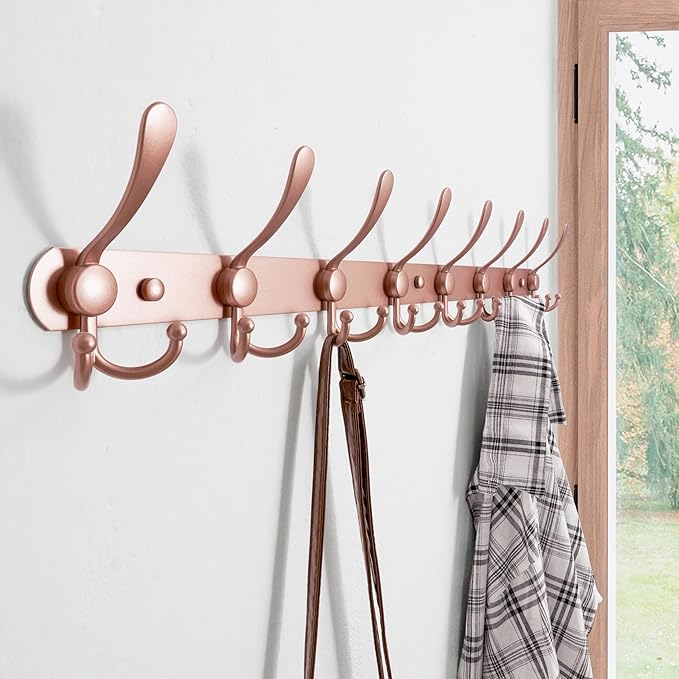 Dseap Coat Rack Wall Mount - 29.5” Long 8-Tri-Hooks Heavy Duty Coat Hanger Rail Wall Hooks for Hanging Coats Hats Clothing Clothes Purse Mudroom Entryway, Rose Gold