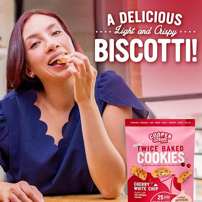 COOPER STREET Twice Baked Cherry White Chip Biscotti Cookies - Crispy Mini Biscotti Cookies Ideal with Coffee - Traditional Low Calorie Italian Snacks - Kosher, Dairy, Peanut & Soy Free (6 Pack)