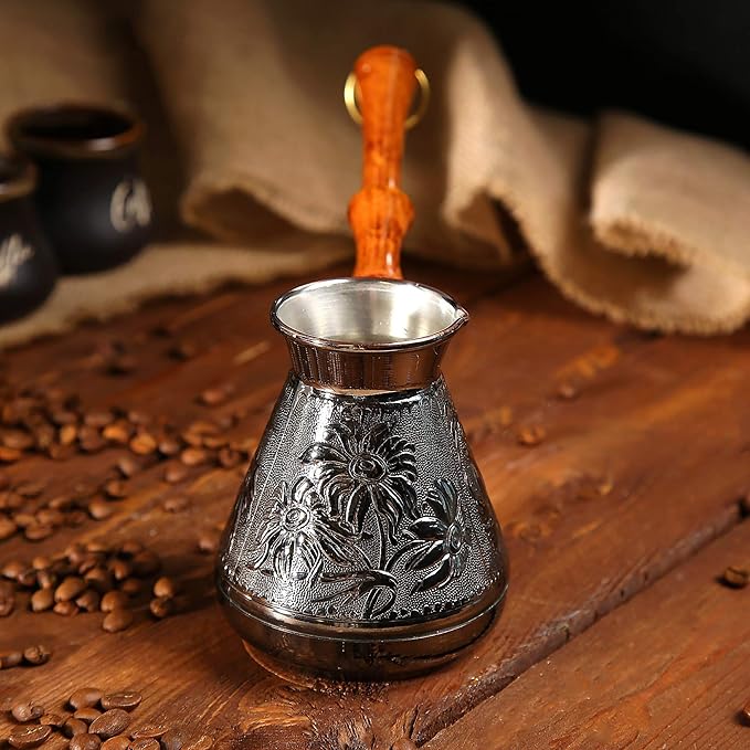14 Oz Copper Turkish Greek Arabic Engraved Coffee Pot Stovetop Coffee Maker Cezve Ibrik Briki with Wooden Handle