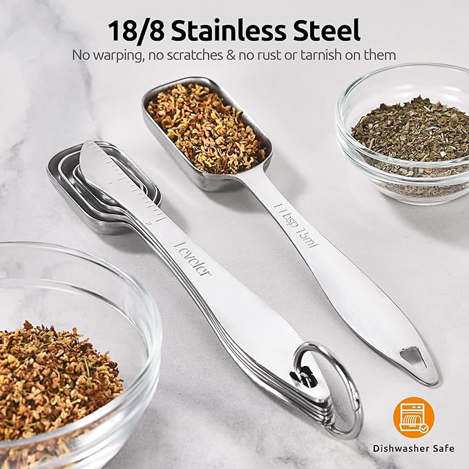 U-Taste Narrow Square Measuring Spoons: 18/8 Stainless Steel Kitchen Measure Teaspoon Tablespoon with Leveler, Polygon Rectangular Metal Jar Scoop for Baking Cooking, Coffee, Spice, Powder (Set of 6)