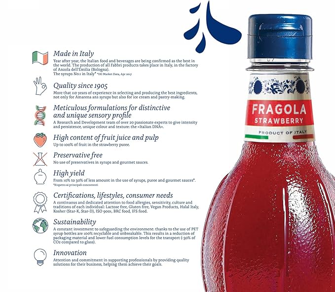 Fabbri Flavoring Syrup, Strawberry, Made in Italy, 33.8 Ounce (1 Liter)