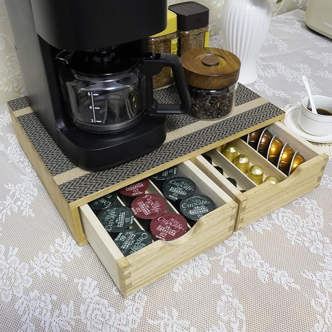 Storage Drawer Holder for Capsules Coffee Pod K-cup Organizer /2 Drawers for Counter Organization for Kitchen Utensil Storage Home Decor Office Supplies- Coffee Brewer Accessories Wood 1D2C-LT