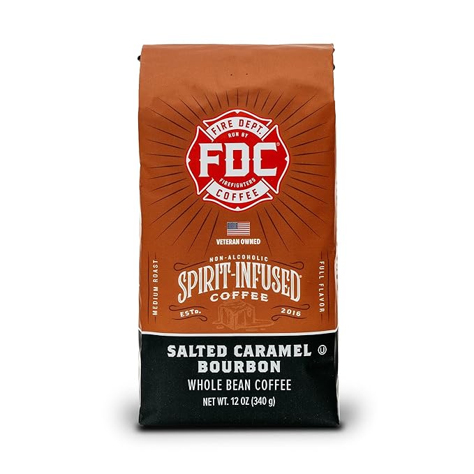 Fire Department Coffee - Salted Caramel Bourbon Coffee - Gives Back to Firefighters - Premium Bourbon Infused - Whole Bean Medium Roast - Non-Alcoholic - Roasted in the USA - Veteran Owned - 12 oz