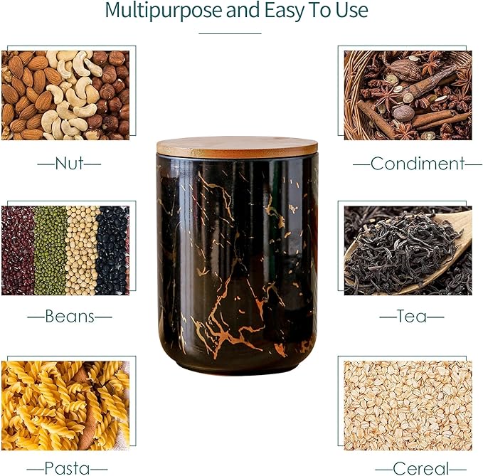 Ceramic Canister Set with Bamboo Airtight Lids, 3-Piece Kitchen Storage Jars (48oz, 30oz, 12oz) – Black with Gold Marble Pattern, Glossy Finish, for Coffee, Sugar, Flour & More