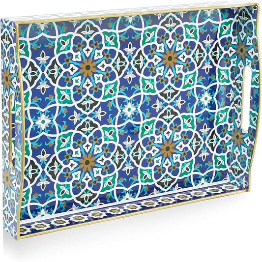 Gifturbo Serving Tray with Two Handles,Decorative Tray for Coffee Table, Plastic Rectangular Durable Serving Trays for Living Room, Bathroom, Outdoors, Blue