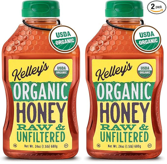 Kelley's 100% Organic Raw & Unfiltered Honey, USDA Certified, 24-ounce Squeeze Bottle – All Natural, Flavor-Rich Honey for Fruits, Yogurt, Smoothies, Acai Bowls, Tea - Natural Sugar Substitute