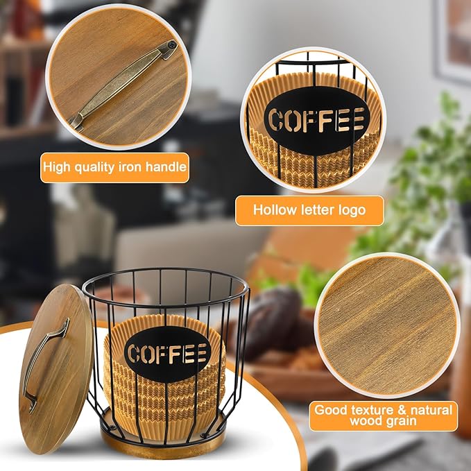 Coffee Filter Holder with Lid, Vintage Metal Coffee Bar Accessories, Coffees Filter Holders for Counter Storage Basket (Black)