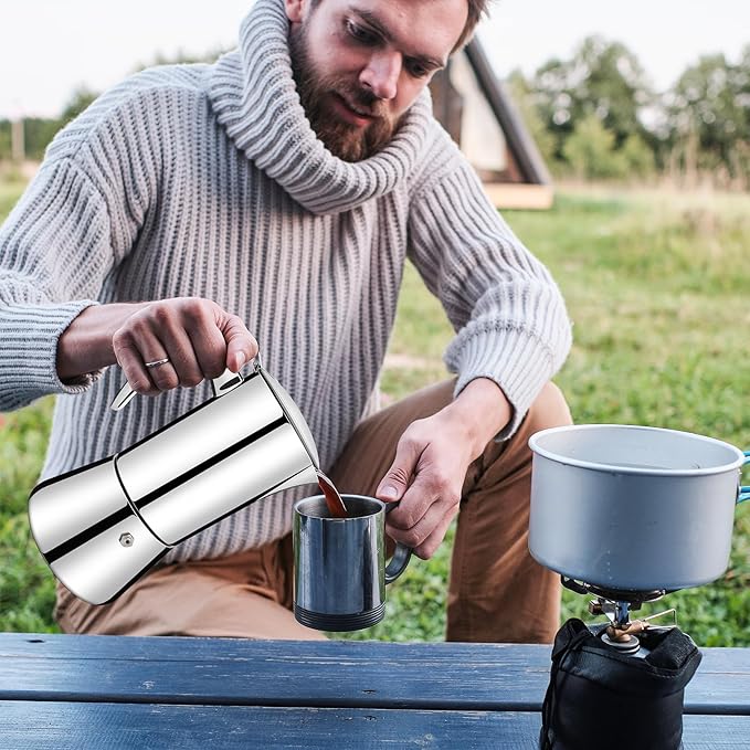 No Coating 6 Cup Thickened 304 Stainless Steel Moka Pot Stovetop Espresso Maker Italian Coffee Machine 300ml 10.1oz Suitable for Gas Induction Stovetop Greca Coffee Maker Percolator