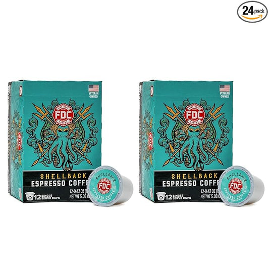 Fire Department Coffee - Gives Back to Firefighters - Shellback Espresso Coffee Pods - Bold & Smooth - Roasted in the USA - Premium Espresso K Cups - Veteran Owned - 24 Single Pods