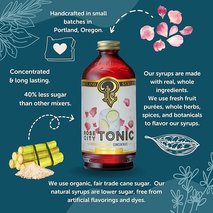 Portland Syrups Rose City Tonic Concentrate - Craft Delicious Cocktails, Mocktails, Sodas, and More - 12 oz with 24 Servings (Pack of 1)