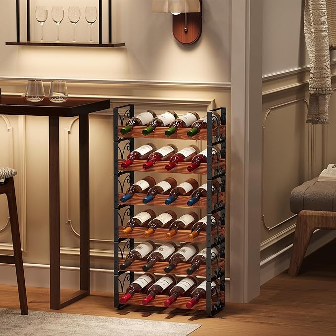 X-cosrack Wine Rack Freestanding Floor with Patent Design, Wooden & Metal Wine Bottle Holder, 4 Tier 16 Bottles Stackable Wine Storage Racks for Kitchen Counter or Bar, Wine Display Shelf