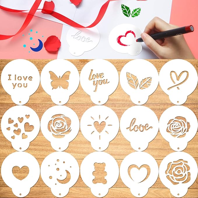 Konsait Coffee Stencil, 15 Pieces Latte Art Stencils for Coffee Decorations, Oatmeal Cupcake Cake Cappuccino Mousse Hot Chocolate Valentines Day