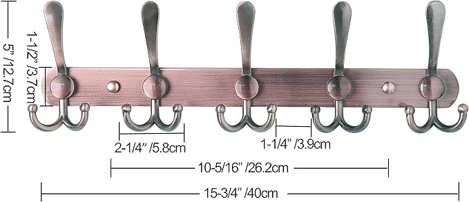 Dseap Wall Mounted Coat Rack - 5 Tri Hooks, Heavy Duty, Stainless Steel, Metal Coat Hook Rail for Coat Hat Towel Purse Robes Mudroom Bathroom Entryway,Antique Copper