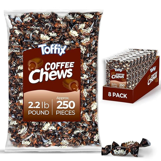 Toffix Coffee Chews, Center-Filled Soft Chewy Candy, 250 Pieces of Individually Wrapped Snacks for Kids & Adults, Coffee Flavored Chewy Candies - 2 Pound Bulk Bag - Pack of 8