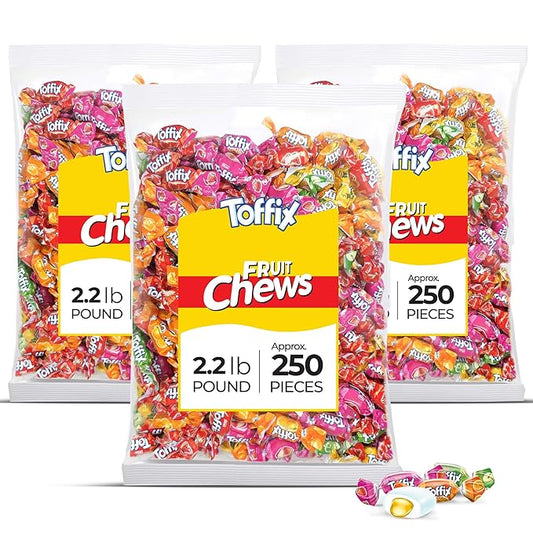 Toffix, Fruit Chews, Center-Filled Soft Fruit Chews Candy Individually Wrapped Snacks, Orange, Strawberry, Pineapple, Watermelon & Apple, Fruity Flavored Chewy Candies, 2.2 Pound Bulk Bag, Pack of 3