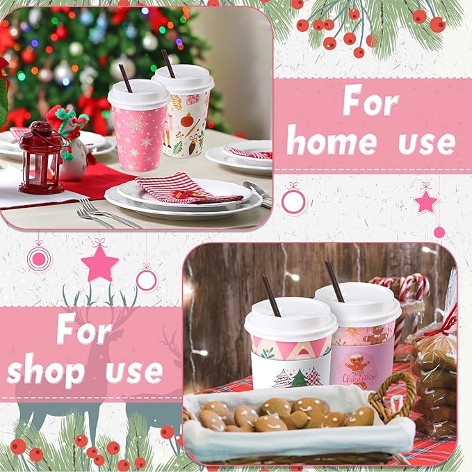 Remerry 100 Sets 400 Pcs 12 oz Christmas Disposable Coffee Cups with Lid, Straws and Sleeves Snowflake Reindeer Snowman Paper Cups Xmas Party Supplies for Hot Drink Cold Beverage(Pink Christmas)